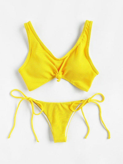 Knot Front Side Tie Ribbed Bikini Set-swimwear-Des Mess