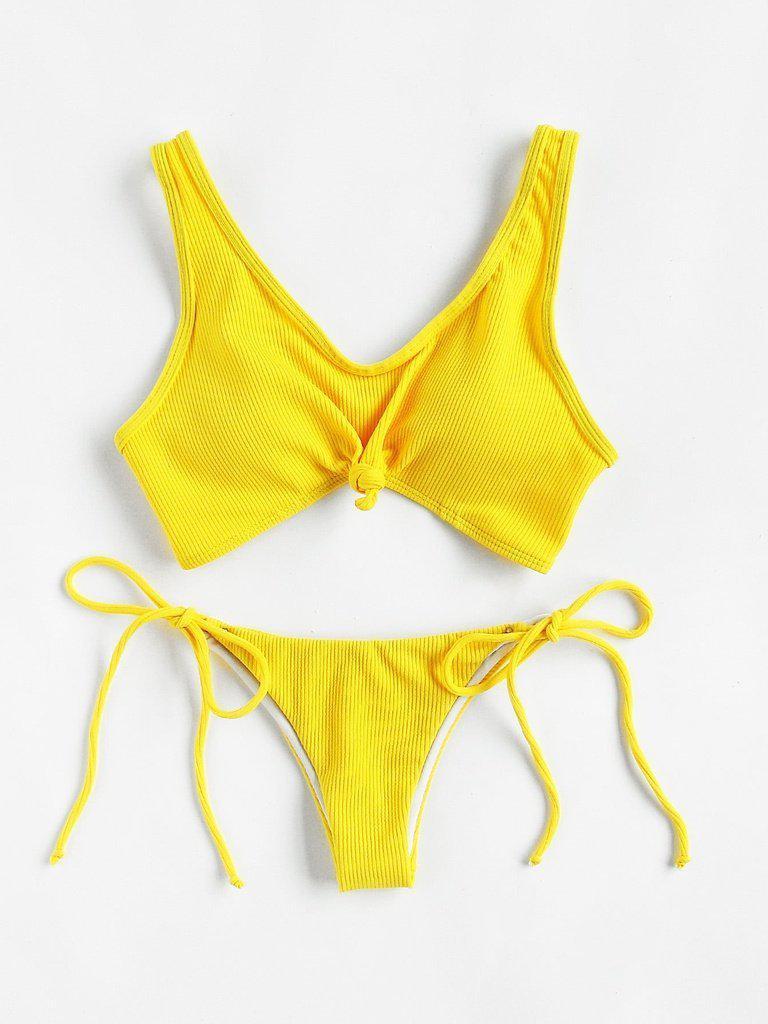 Knot Front Side Tie Ribbed Bikini Set-swimwear-Des Mess