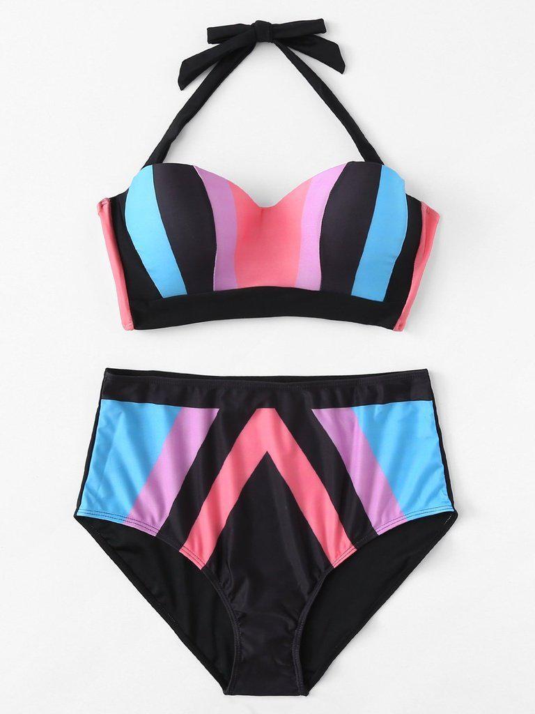 Colorblock Halter Bikini Set-swimwear-Des Mess