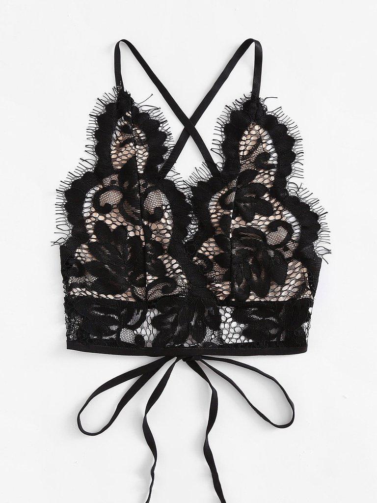Eyelash Lace Overlay Criss Cross Tie Back Bra-lingerie-Des Mess