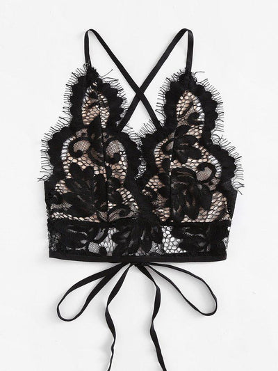 Eyelash Lace Overlay Criss Cross Tie Back Bra-lingerie-Des Mess