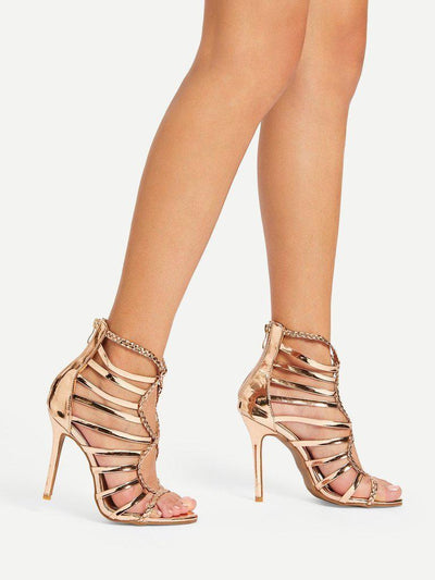 Back Zipper Cut Out PU Heeled Sandals-shoes-Des Mess