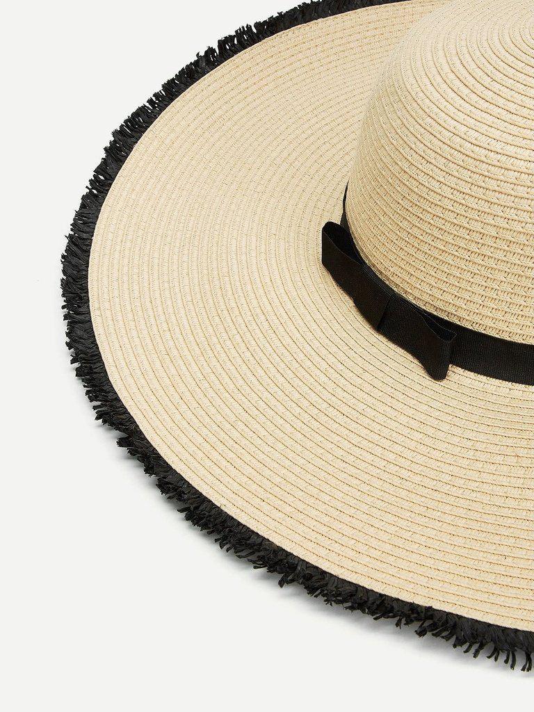 Fringe Trim Straw Floppy Hat-accessories-Des Mess