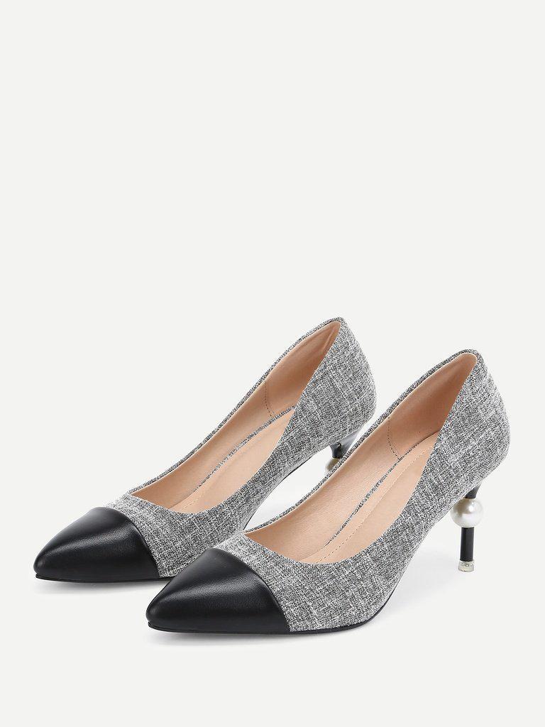 Faux Pearl Decor Cap Toe Heels-shoes-Des Mess