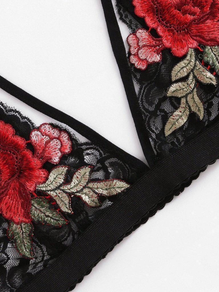 Embroidered Rose Applique Lace Bralette-lingerie-Des Mess