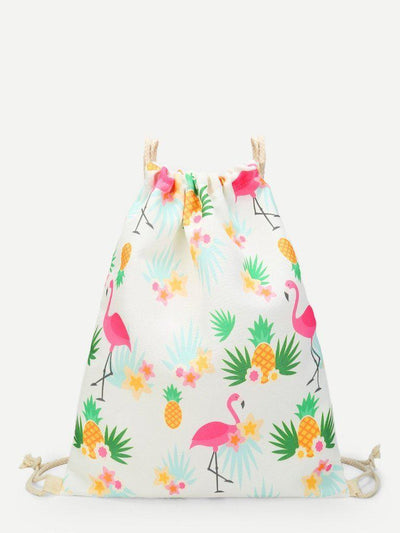 Pineapple & Flamingo Print Drawstring Backpack-accessories-Des Mess