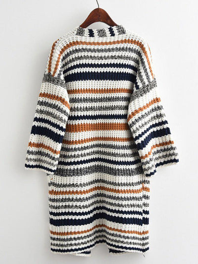 Striped Textured Knit Longline Cardigan Sweater-outerwear-Des Mess