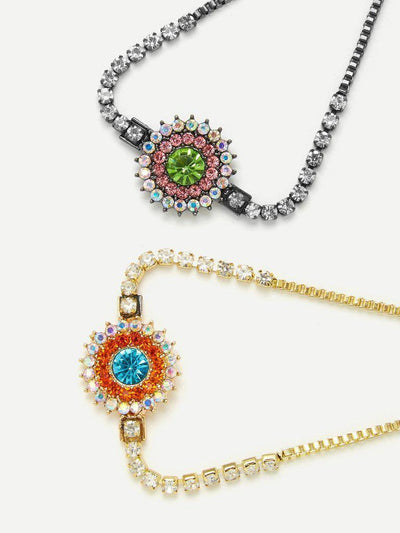 Rhinestone Flower Design Chain Bracelet Set--Des Mess