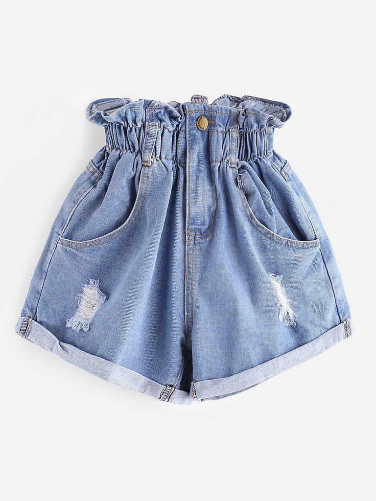 Shirred Frill Trim Ripped Rolled Hem Denim Shorts-bottom-Des Mess