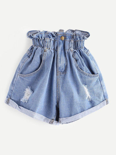 Shirred Frill Trim Ripped Rolled Hem Denim Shorts-bottom-Des Mess