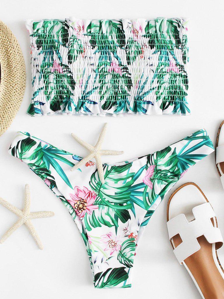 Tropical Print Frill Trim Shirred Bikini Set-swimwear-Des Mess