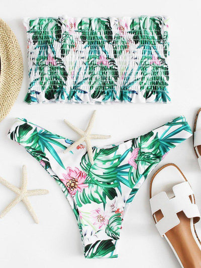 Tropical Print Frill Trim Shirred Bikini Set-swimwear-Des Mess