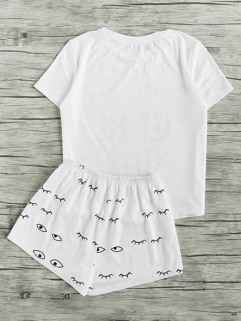Closed Eyes Print Tee And Shorts Pajama Set-loungewear-Des Mess