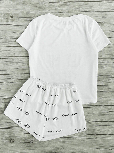 Closed Eyes Print Tee And Shorts Pajama Set-loungewear-Des Mess