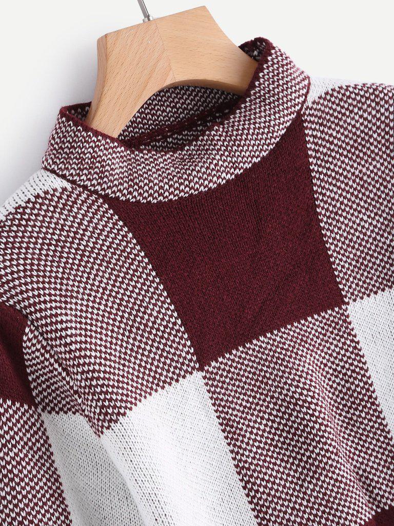 High Neck Gingham Crop Sweater-outerwear-Des Mess