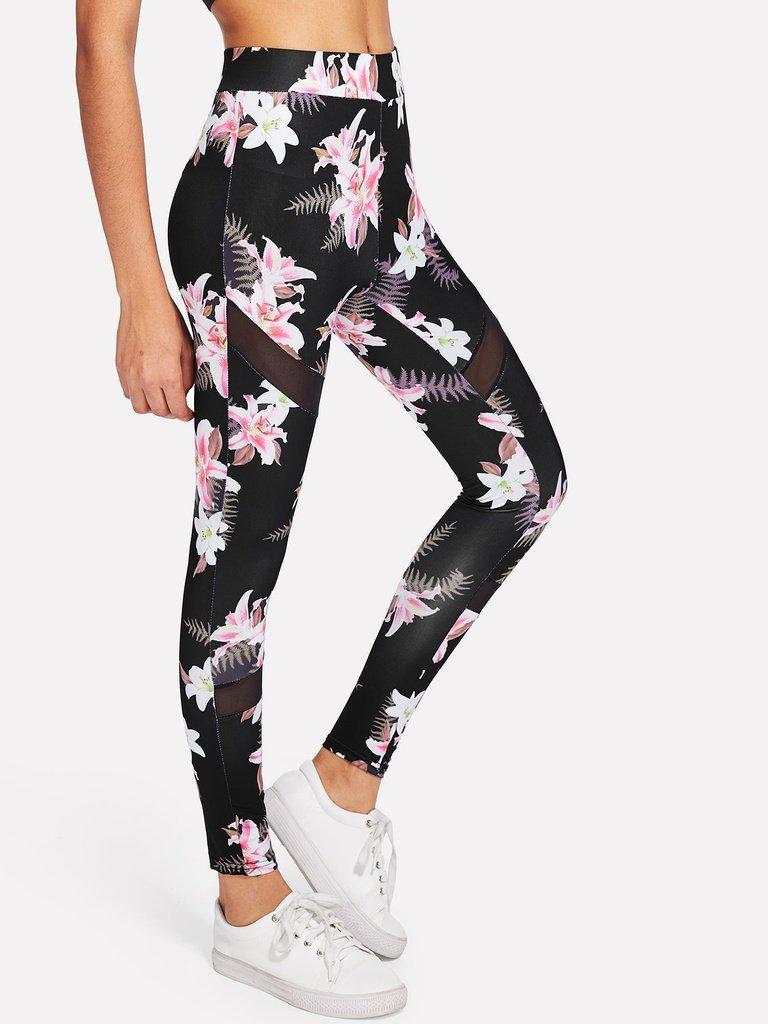 Mesh Insert Florals Leggings-bottom-Des Mess