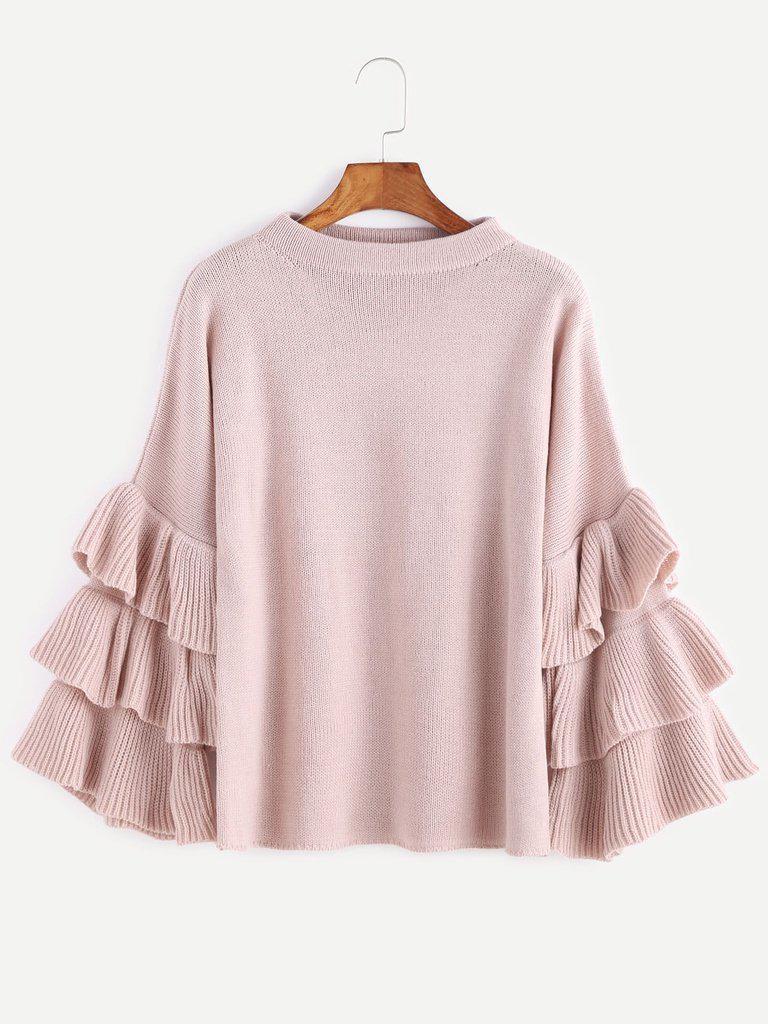 Pink Layered Ruffle Sleeve Pullover Sweater-outerwear-Des Mess