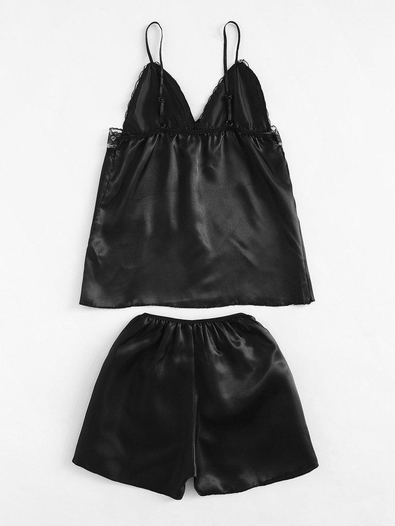 Lace Trim Bow Detail Satin Pajama Set-loungewear-Des Mess
