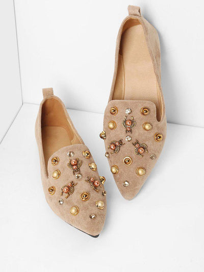 Faux Pearl Decorated Pointed Toe Flats-shoes-Des Mess