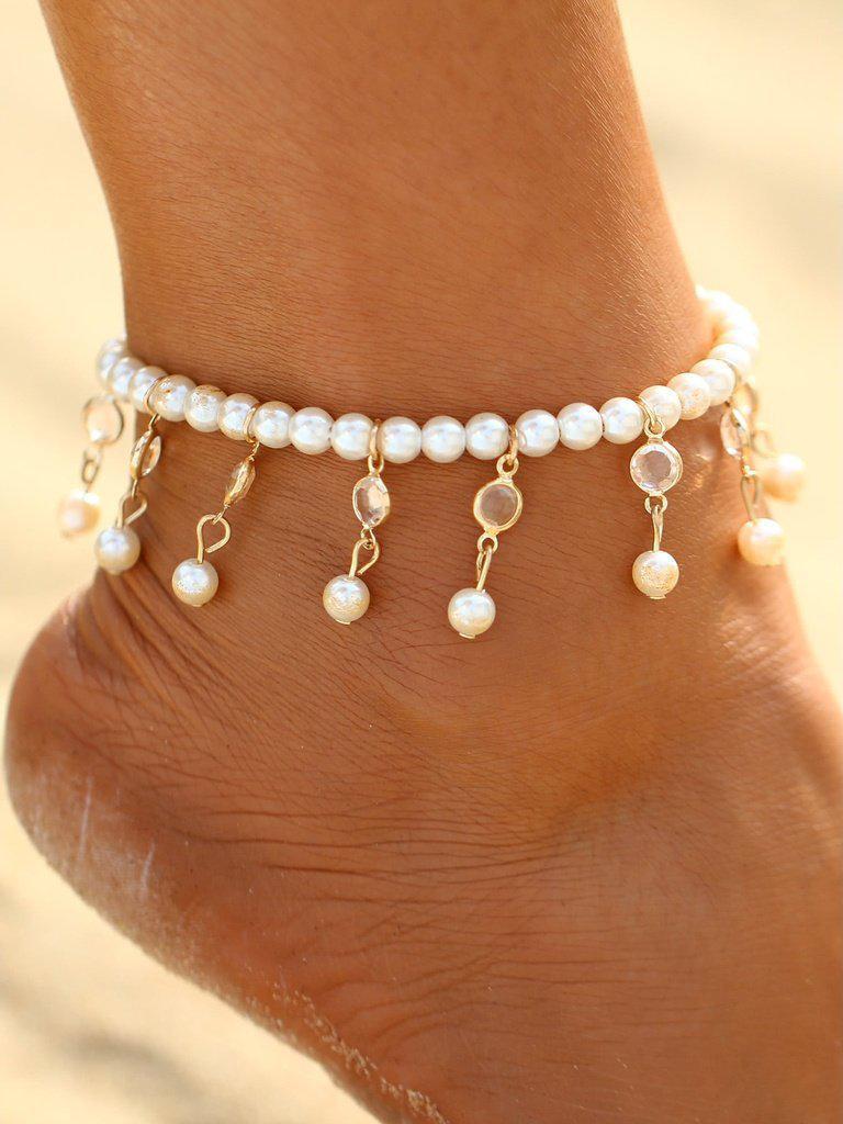 Faux Pearl & Crystal Decorated Beaded Anklet-jewelry-Des Mess