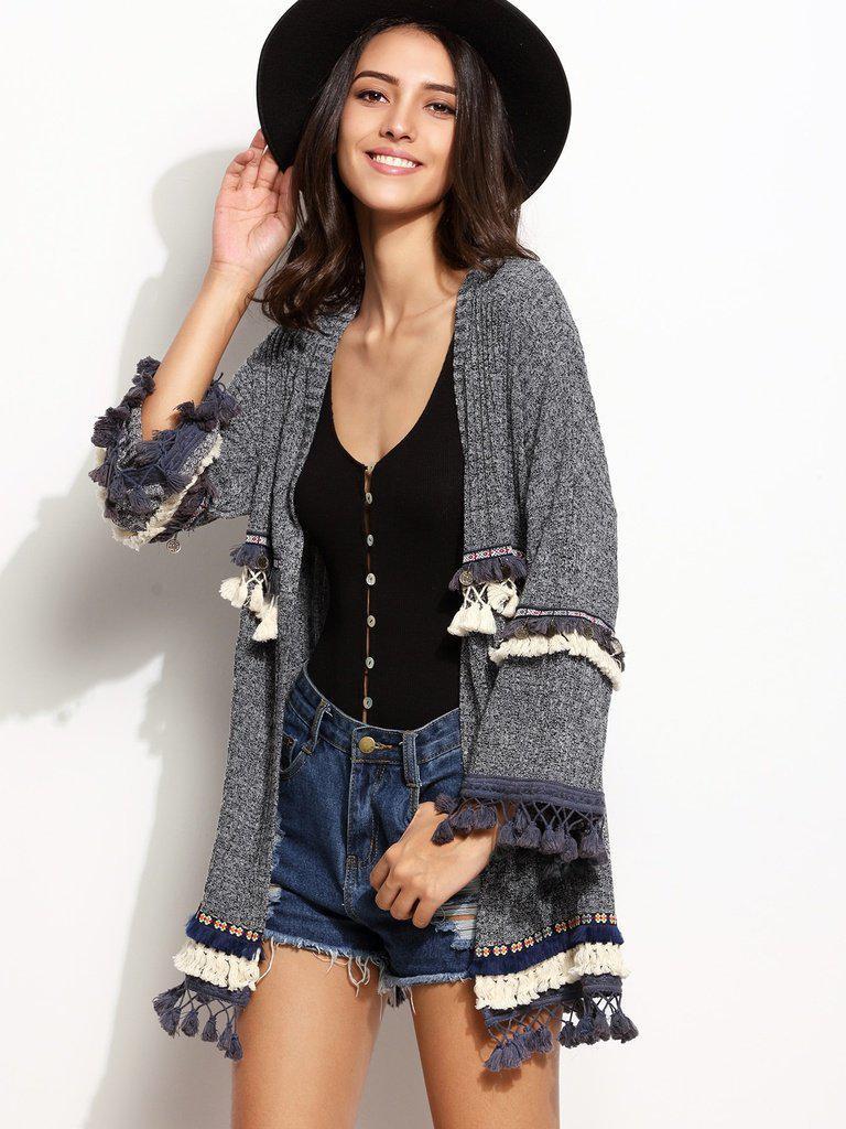 Grey Marled Knit Cardigan With Embroidered Tape And Fringe Detail-outerwear-Des Mess