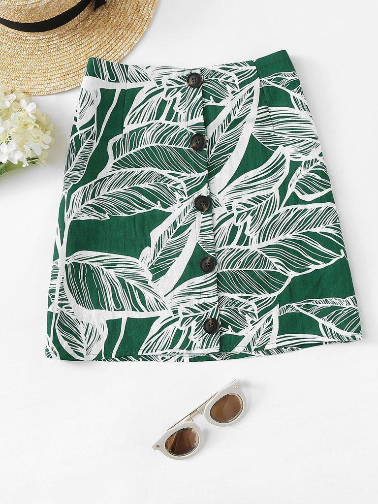 Leaves Print Button Front Skirt-bottom-Des Mess