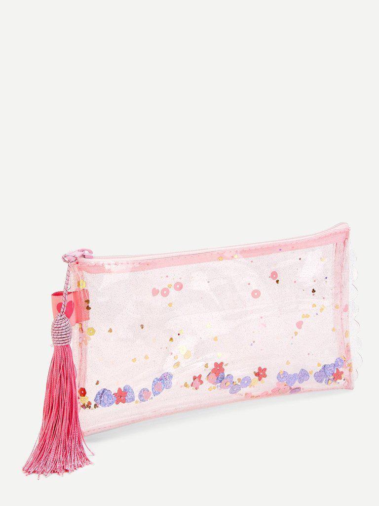 Scalloped Trim Tassel Glitter Pouch-makeup-Des Mess