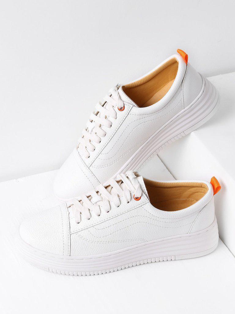 White Round Toe Lace Up Sneakers-shoes-Des Mess