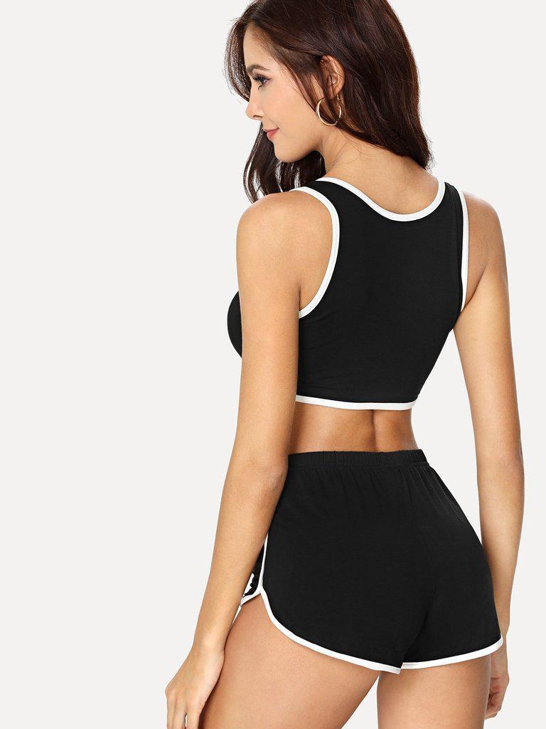 Contrast Binding Lace Up Sport Bra & Dolphin Hem Shorts Set-sportswear-Des Mess