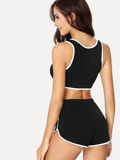 Contrast Binding Lace Up Sport Bra & Dolphin Hem Shorts Set-sportswear-Des Mess