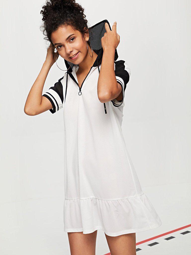 O-Ring Zip Front Ruffle Hem Hooded Dress-sportswear-Des Mess