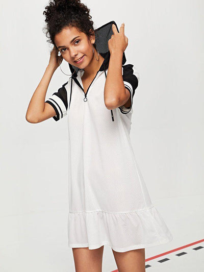 O-Ring Zip Front Ruffle Hem Hooded Dress-sportswear-Des Mess