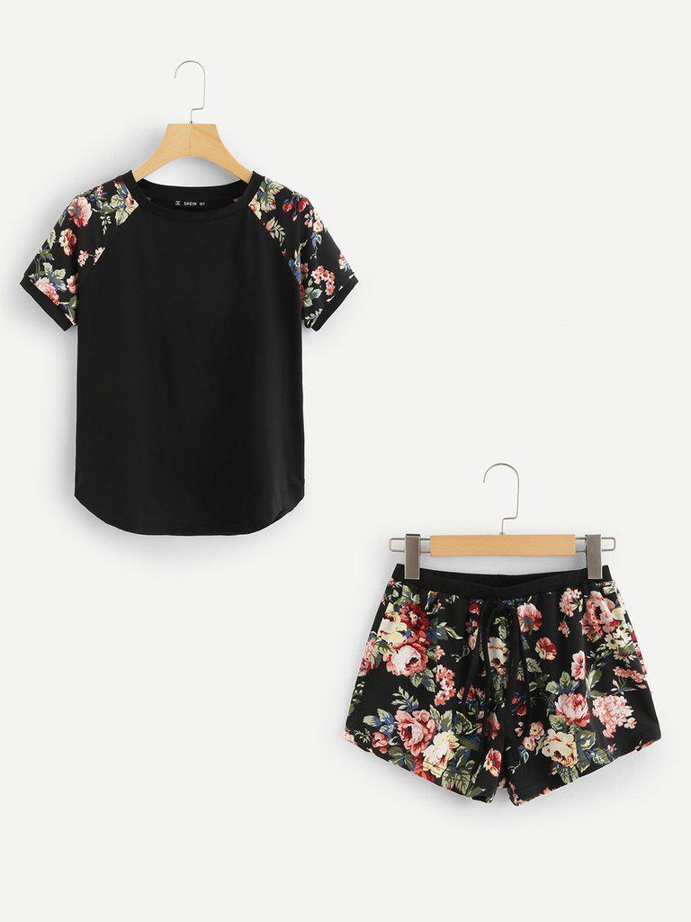 Contrast Raglan Sleeve Curved Hem Top & Floral Shorts PJ Set-loungewear-Des Mess