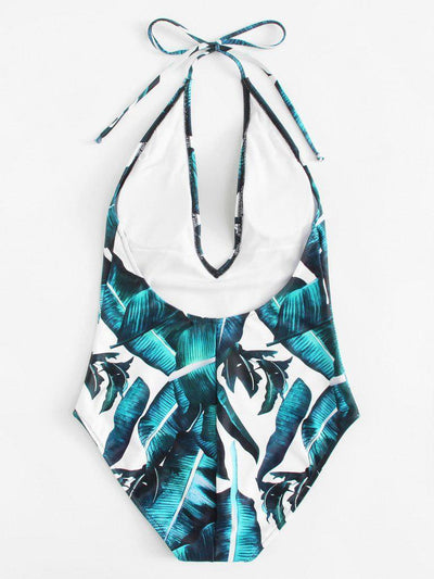 Jungle Leaf Print Plunge Halter Neck Swimsuit-swimwear-Des Mess