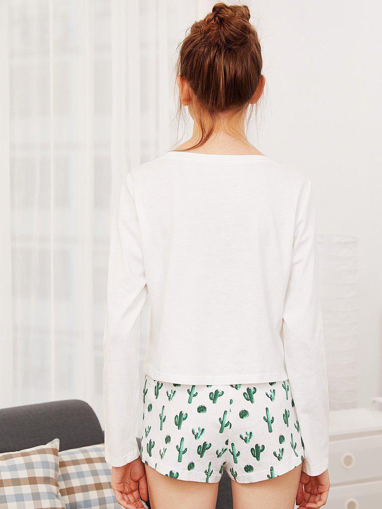 Cactus Print Tee And Shorts Pajama Set-loungewear-Des Mess