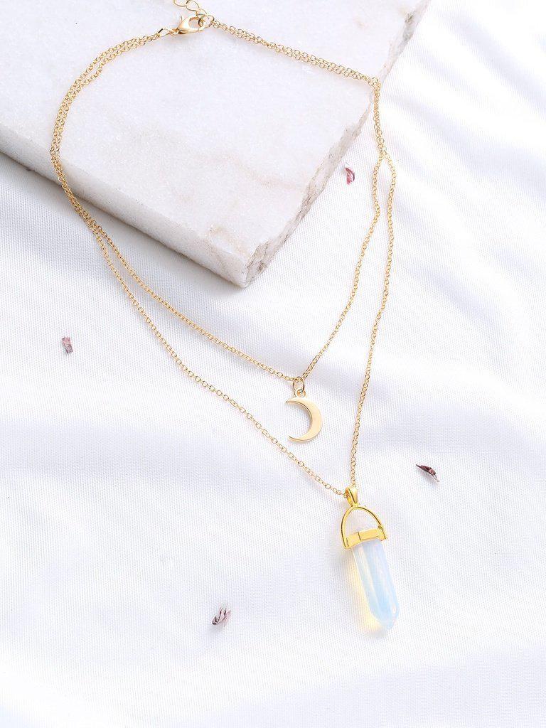 Gold Crystal And Crescent Pendant Layered Necklace-jewelry-Des Mess