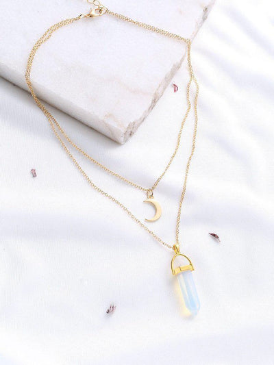 Gold Crystal And Crescent Pendant Layered Necklace-jewelry-Des Mess