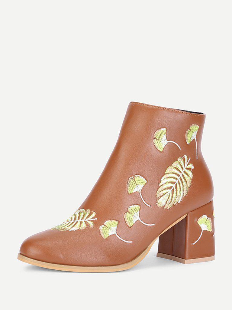 PU Leaf Embroidery Ankle Boots-shoes-Des Mess