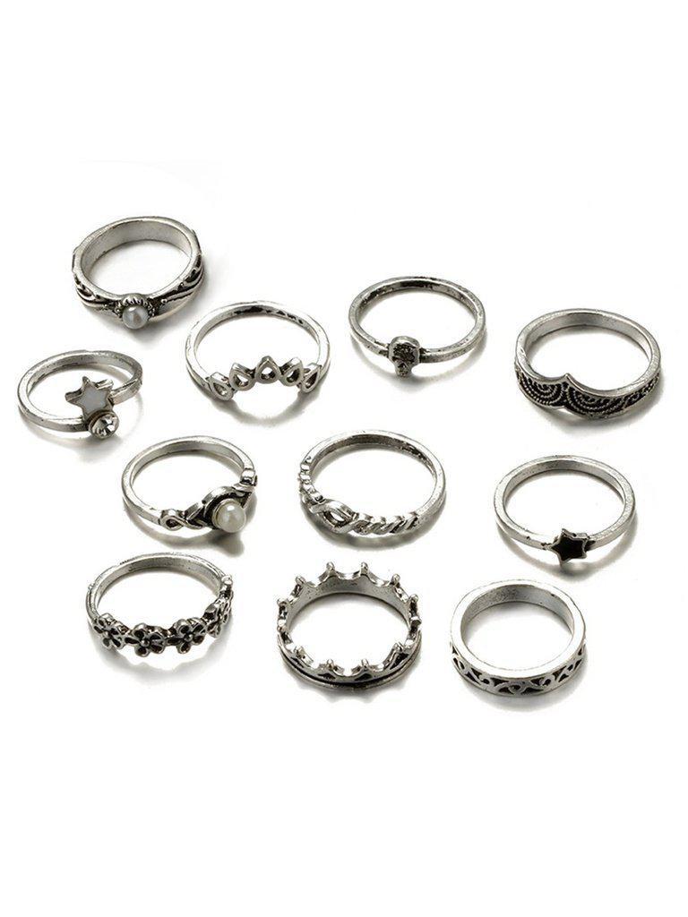 Flower And Star Detail Ring Set 11pcs-jewelry-Des Mess