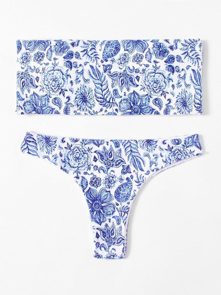 Flower Print Bandeau Bikini Set-swimwear-Des Mess