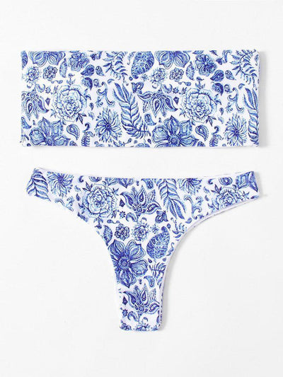 Flower Print Bandeau Bikini Set-swimwear-Des Mess