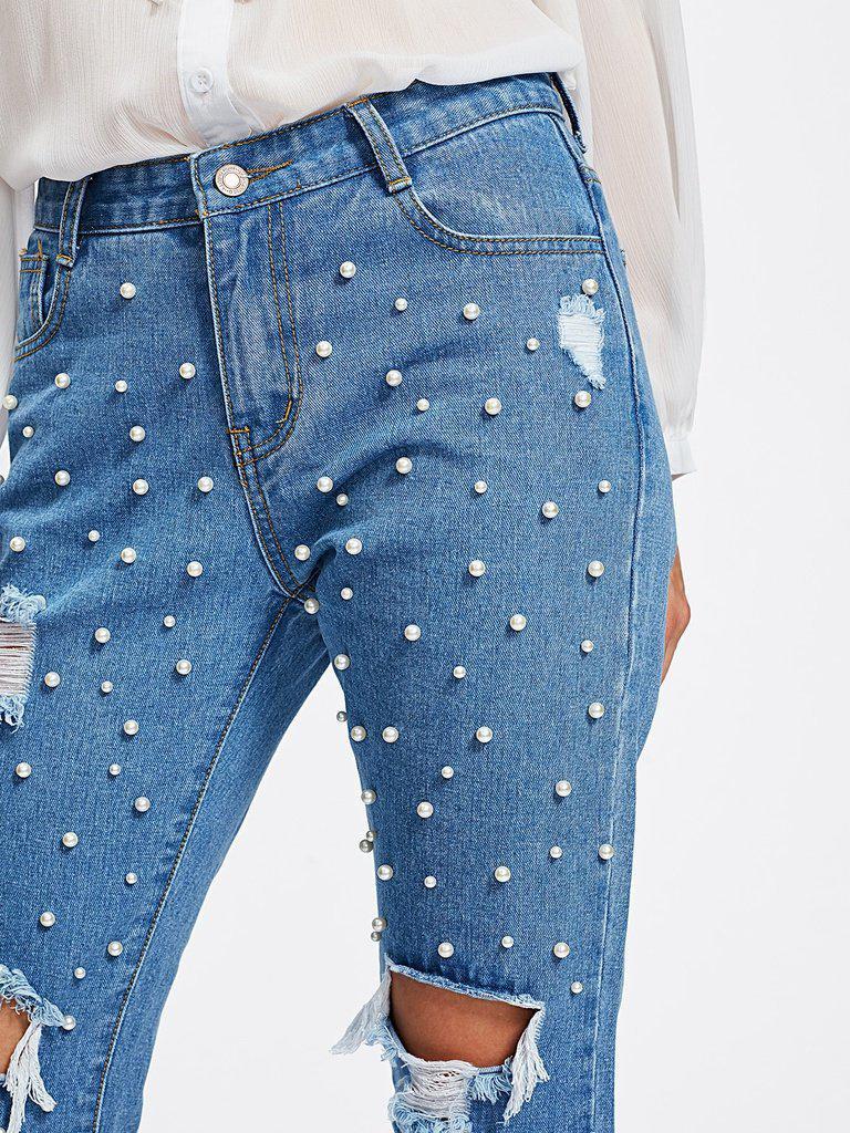 Pearl Beading Destroyed Jeans-bottom-Des Mess