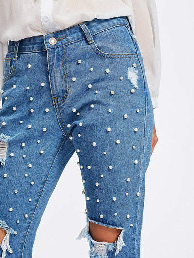 Pearl Beading Destroyed Jeans-bottom-Des Mess