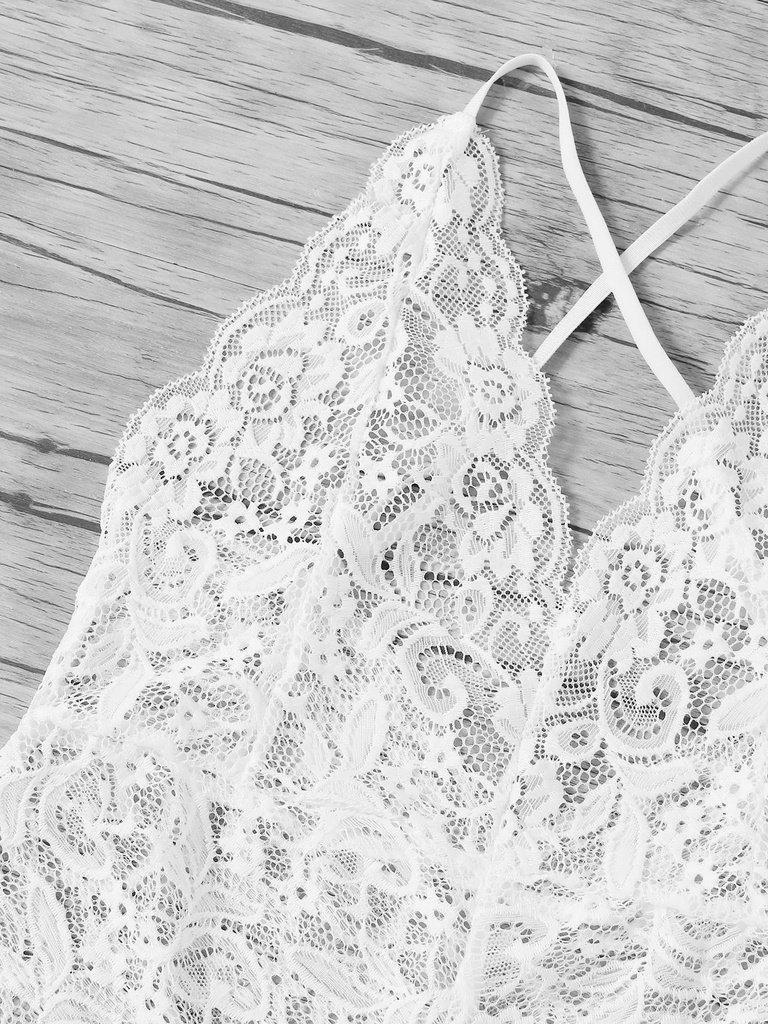 Scalloped Trim Criss Cross Lace Bodysuit-lingerie-Des Mess