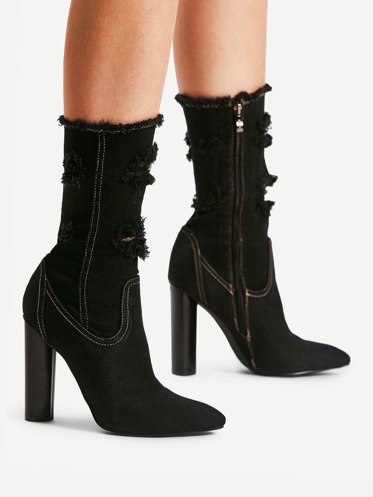 Distressed Top Denim Ankle Boots-shoes-Des Mess