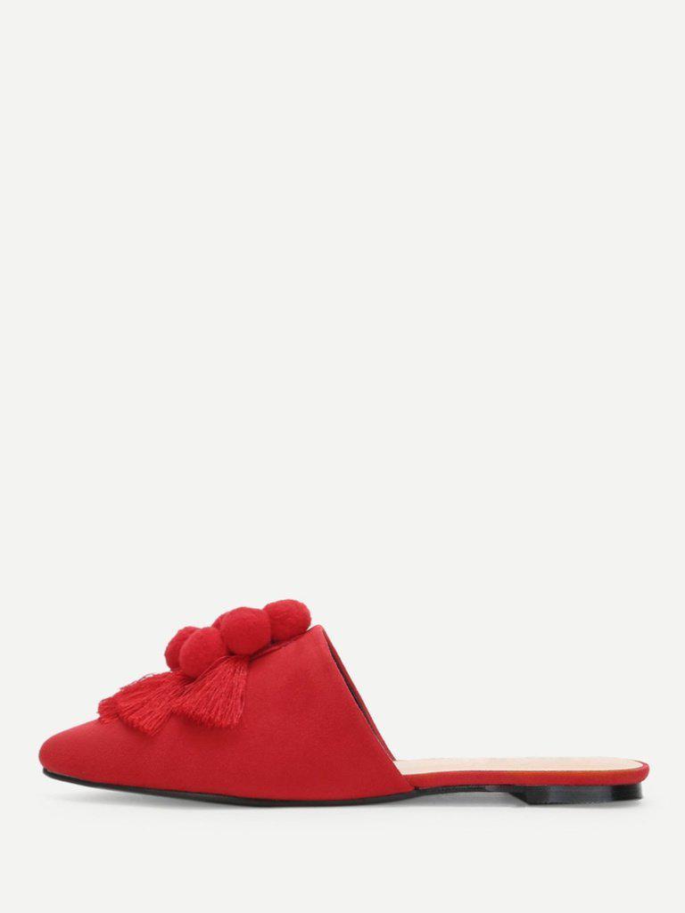 Pom Pom & Tassel Front Flat Mules-shoes-Des Mess