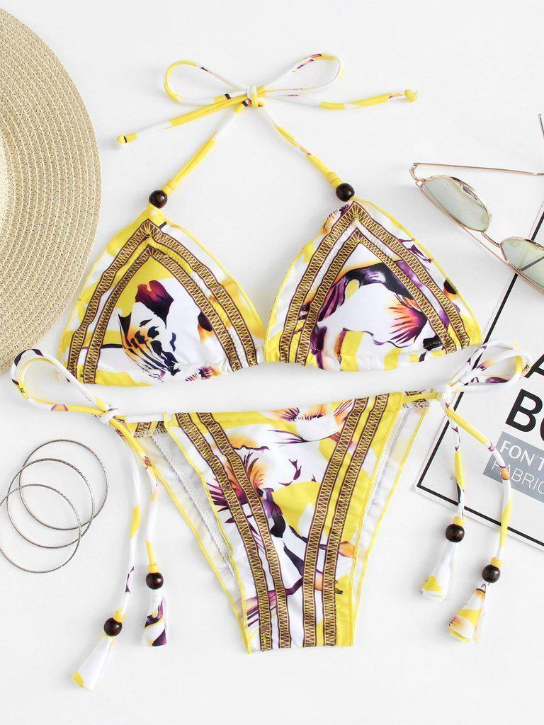 Self Tie Flower Print Bikini Set-swimwear-Des Mess