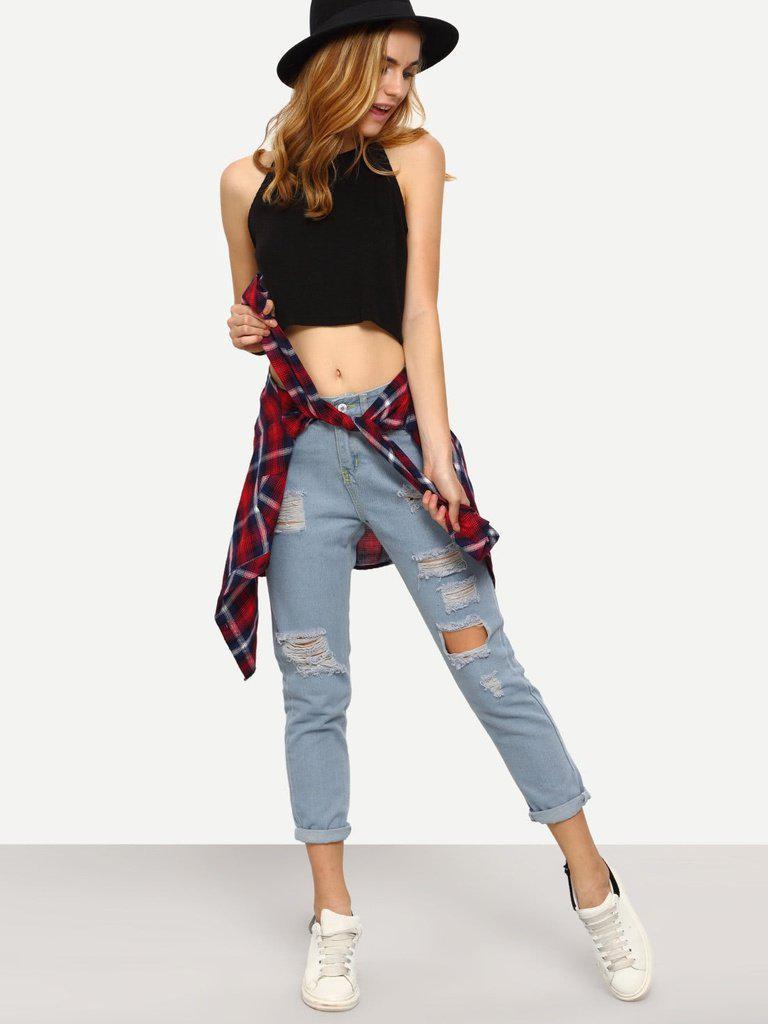 High Waist Ripped Denim Pant-bottom-Des Mess