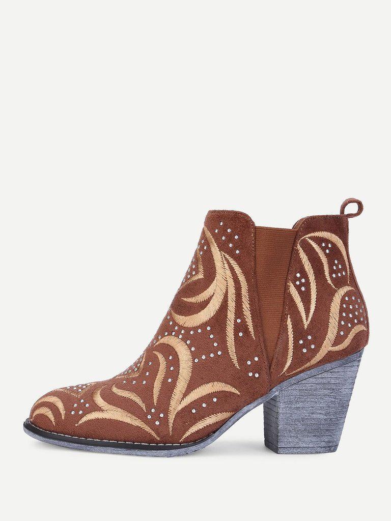 Embroidery Detail Block Heeled Ankle Boots-shoes-Des Mess