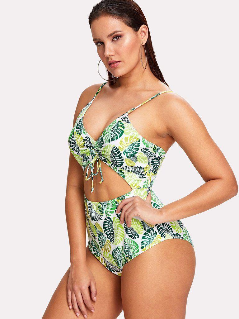 Palm Print Cut Out Swimsuit-swimwear-Des Mess